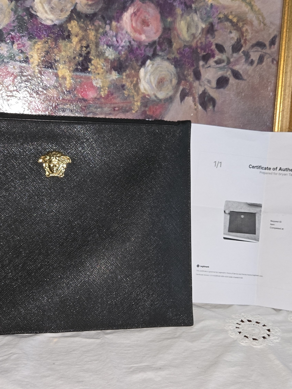 Versace Black Saffiano Leather Clutch with Gold Medusa Logo